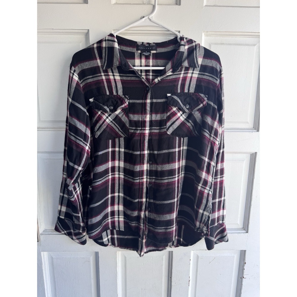 Sanctuary Women's Black Red Plaid Flannel Boyfriend Button Shirt Long Sleeve S